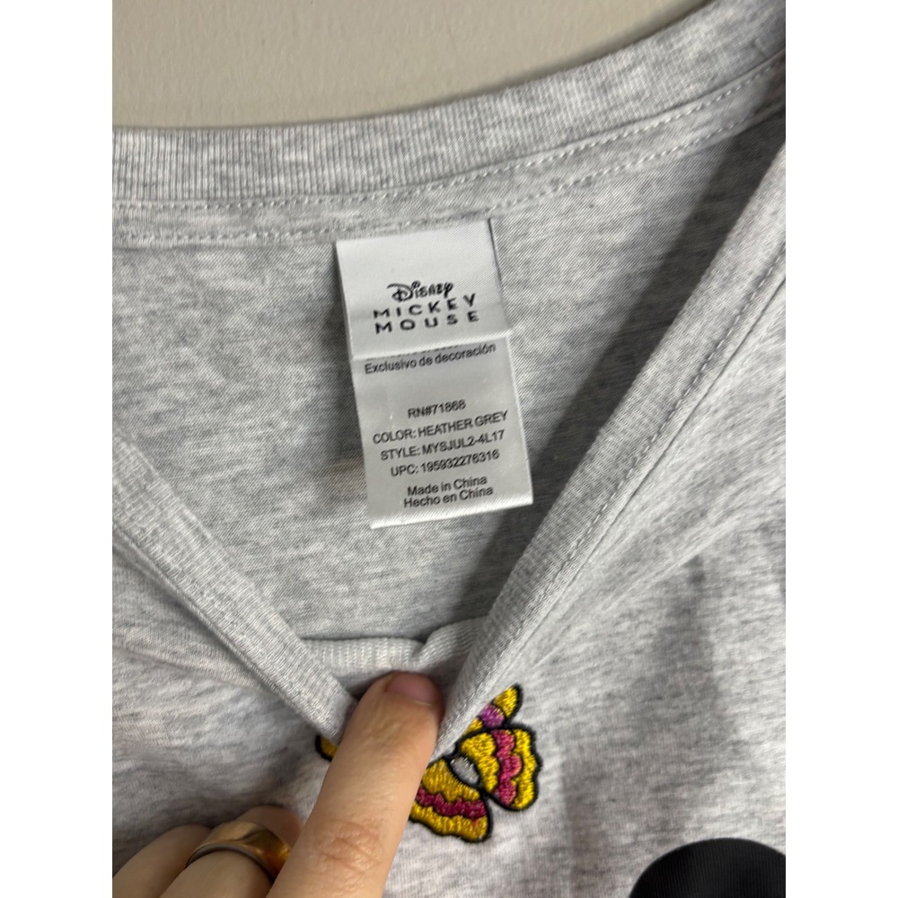 Disney Mickey‎ Mouse T-Shirt Womens XL Heather Grey Embroidered Butterfly Floral - Picture 3 of 5